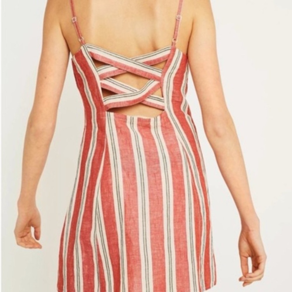 Urban outfitters linen striped dress red white sz small crossed back buttons
